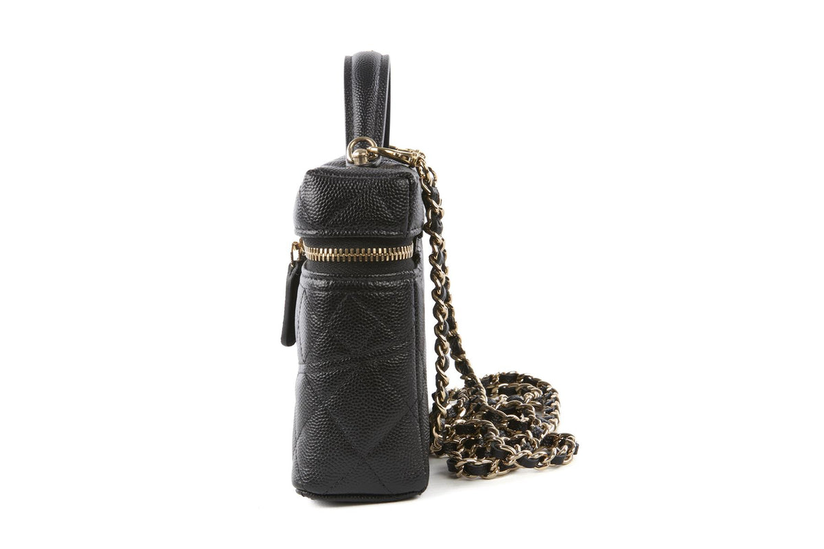 CHANEL BLACK 2025 VANITY CASE WITH CHAIN QUILTED CAVIAR LEATHER SHOULDER BAG