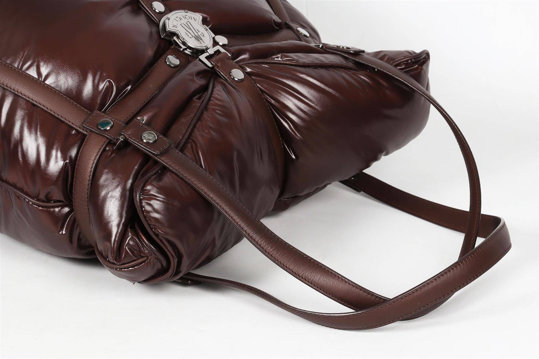 MONCLER BROWN LEATHER AND PADDED DOWN SHELL SHOULDER BAG