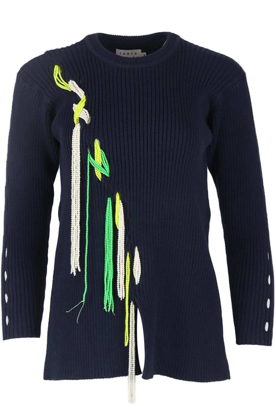 TANYA TAYLOR BEAD EMBELLISHED RIBBED COTTON BLEND SWEATER SMALL