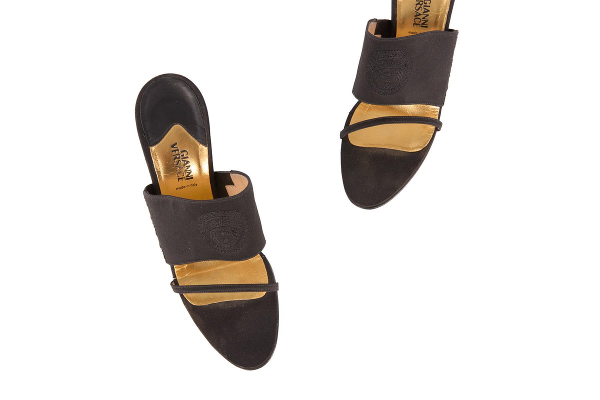 GIANNI VERSACE BLACK VINTAGE SATIN MULES EU 37.5 UK 4.5 US 7.5
