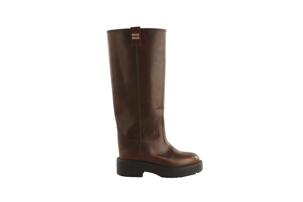 MIU MIU BROWN LEATHER KNEE HIGH BOOTS EU 38