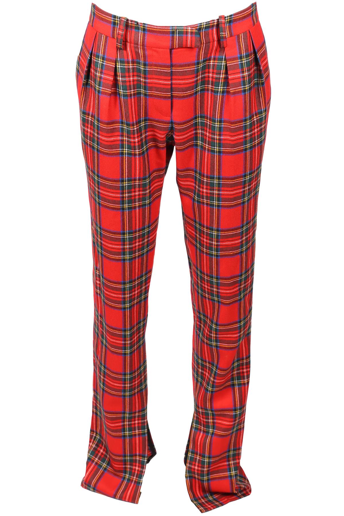 PREEN BY THORNTON BREGAZZI RED CHECKED SILK BLEND STRAIGHT LEG PANTS XSMALL
