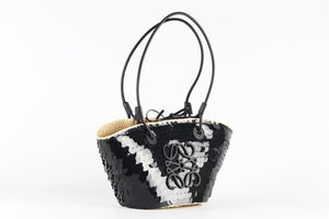 LOEWE + PAULA'S IBIZA BLACK ANAGRAM SMALL SEQUIN AND STRAW SHOULDER BAG