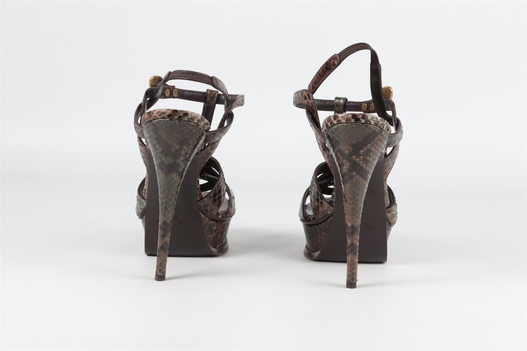 YVES SAINT LAURENT BROWN TRIBUTE SNAKESKIN PLATFORM SANDALS EU 38.5 UK 5.5 US 8.5