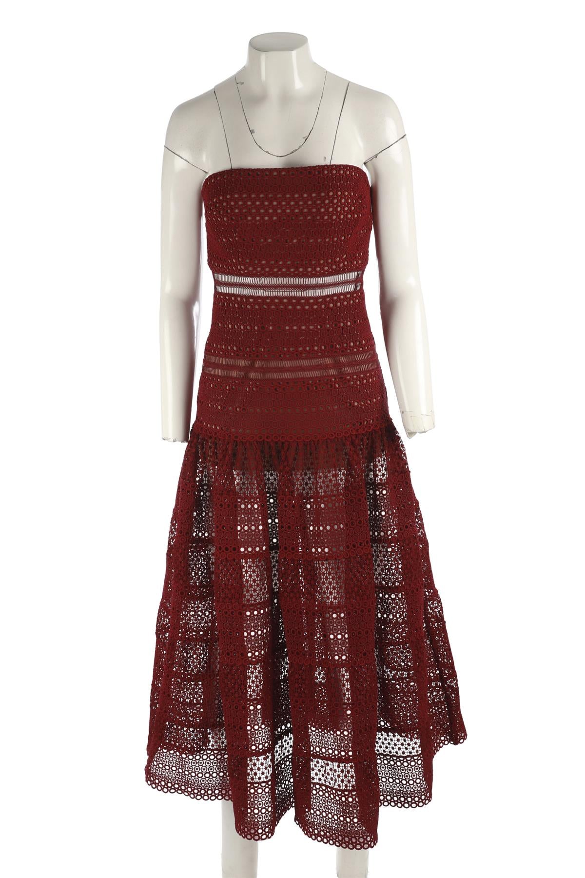 SELF-PORTRAIT BURGUNDY CROCHET MAXI DRESS UK 8