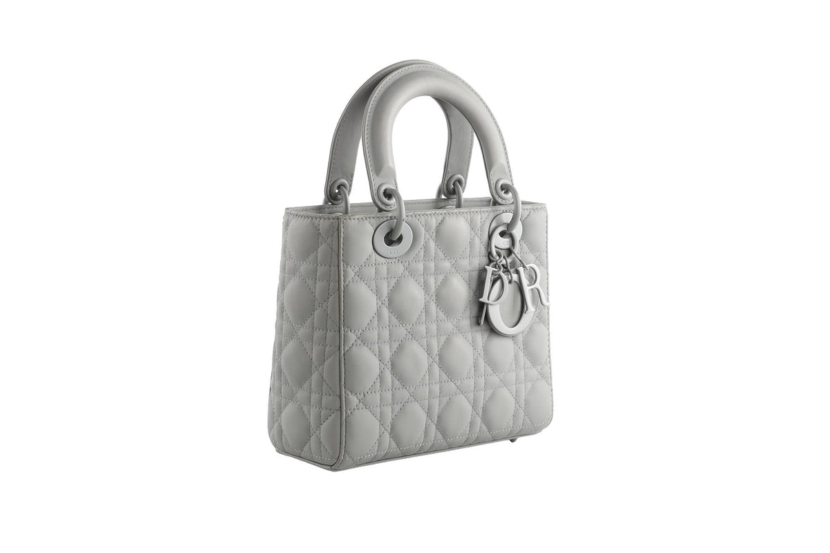 CHRISTIAN DIOR GREY LADY DIOR MY ABCDIOR SMALL ULTRAMATTE CANNAGE LEATHER TOTE BAG