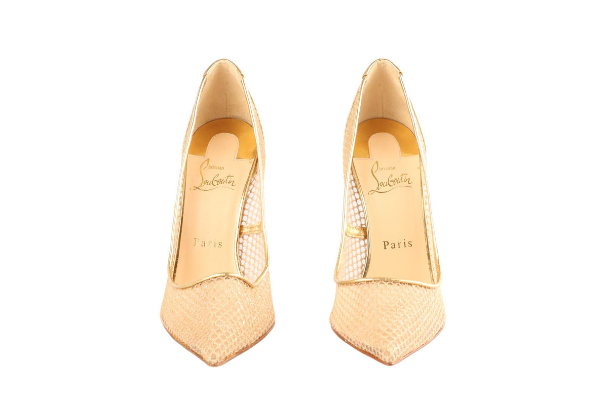 CHRISTIAN LOUBOUTIN GOLD FOLLIES RESILLE MESH PUMPS EU 38.5 UK 5.5 US 8.5