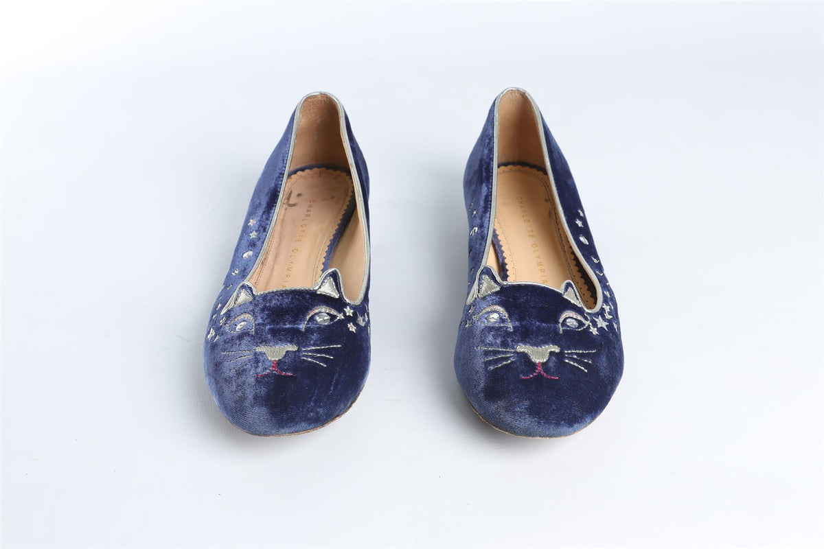 CHARLOTTE OLYMPIA BLUE VELVET BALLET FLATS EU 37.5 UK 4.5 US 7.5