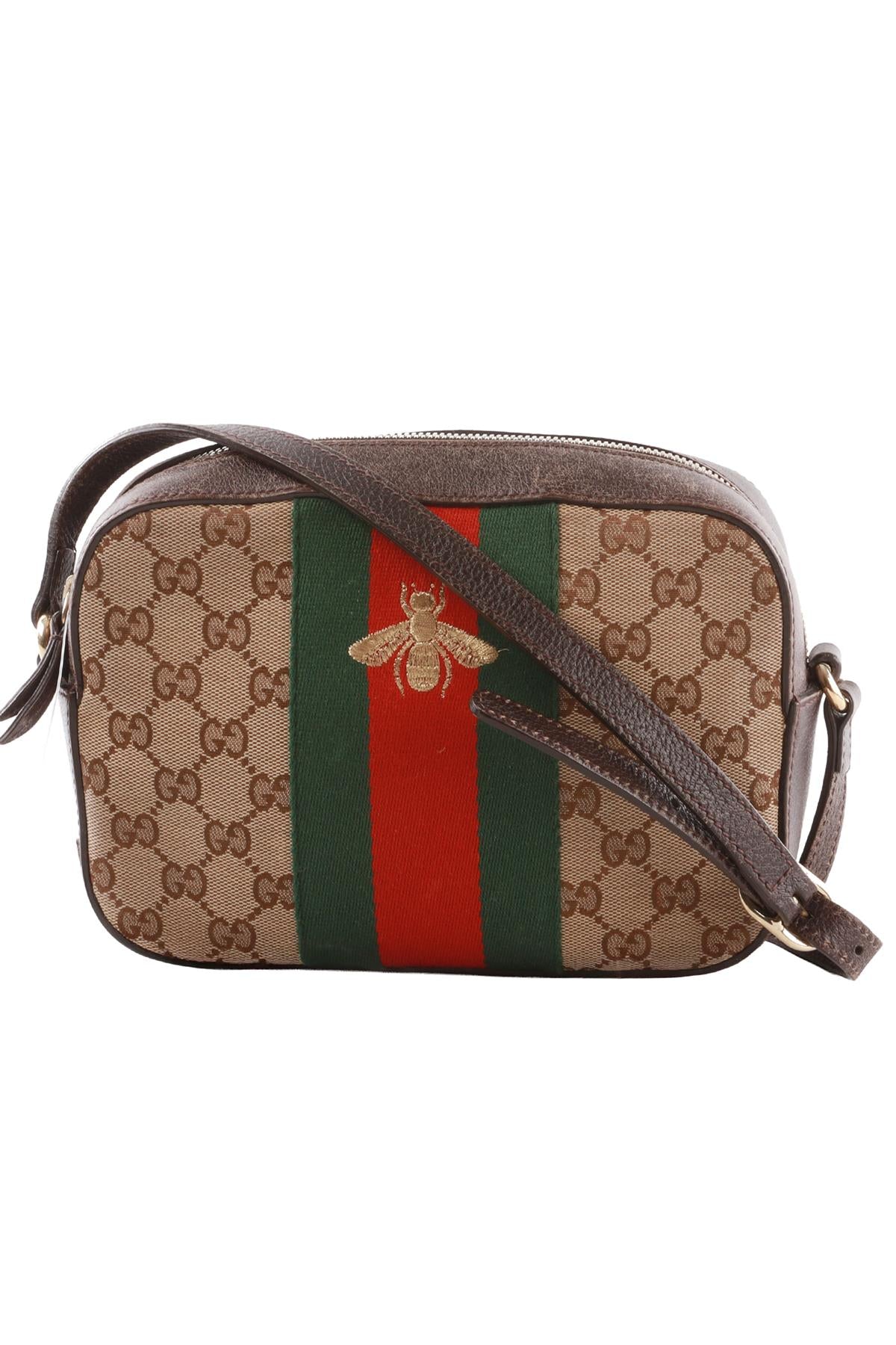 BROWN WEBBY BEE GG CANVAS SHOULDER BAG