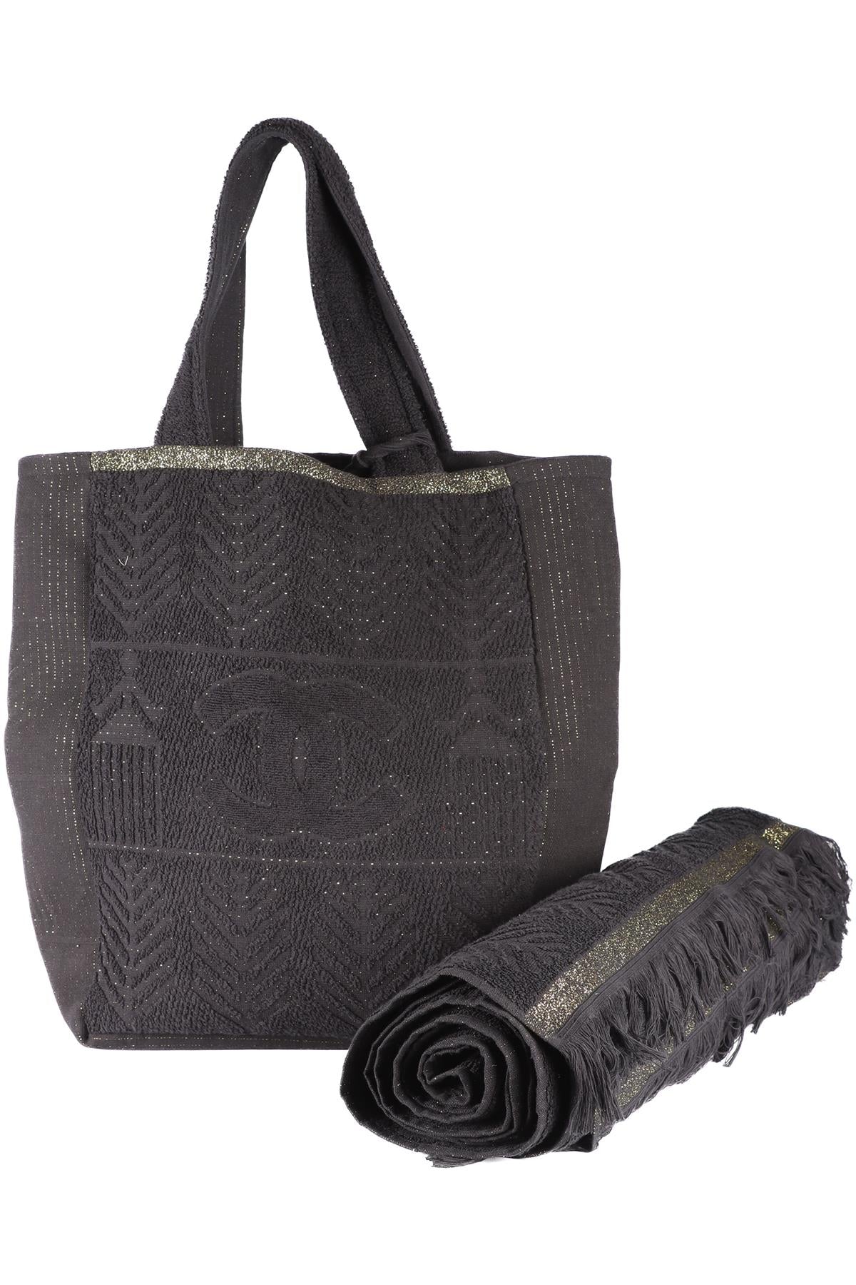 CHANEL BLACK 2019 TERRY CLOTH TOTE BAG AND TOWEL