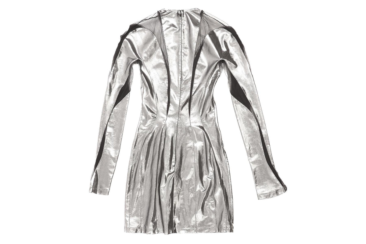 MUGLER SILVER JERSEY MINI DRESS FR 36 UK 8