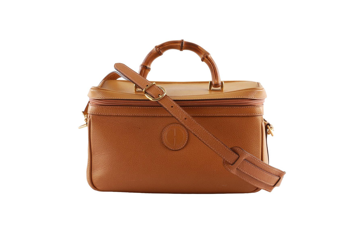 GUCCI TAN VINTAGE VANITY BAMBOO LEATHER TOTE BAG