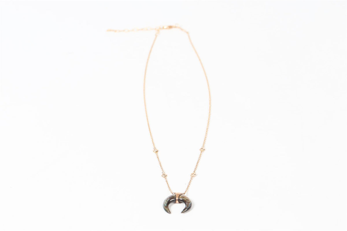 JACQUIE AICHE DOUBLE HORN 14K ROSE GOLD, ABALONE AND PAVE DIAMOND NECKLACE