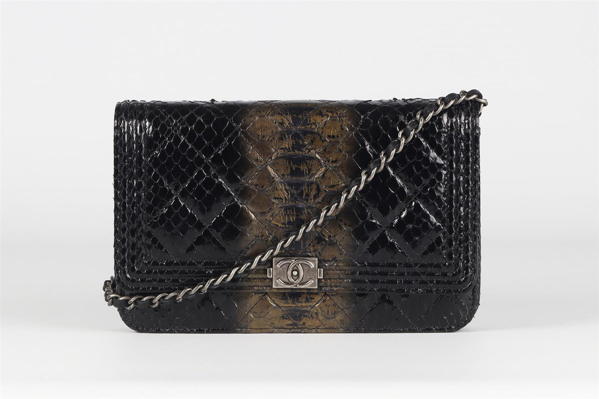 CHANEL BLACK 2014 BOY WALLET ON CHAIN PYTHON SHOULDER BAG
