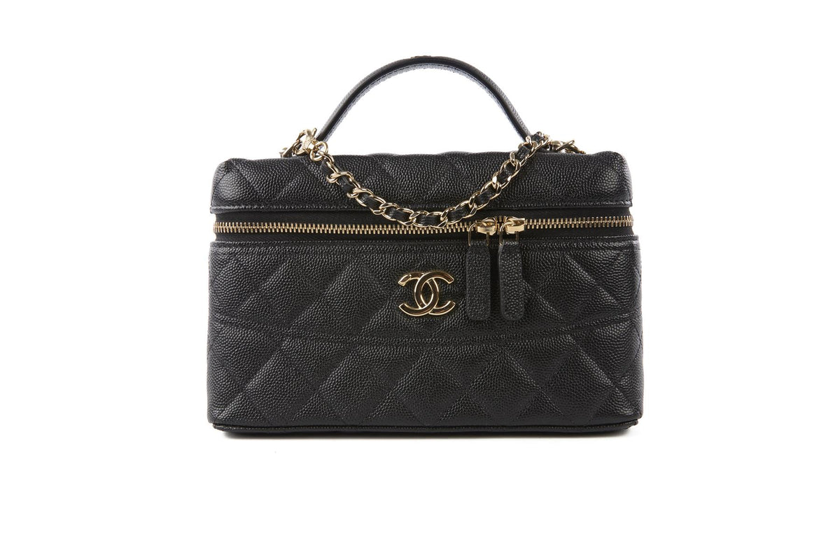 CHANEL BLACK 2025 VANITY CASE WITH CHAIN QUILTED CAVIAR LEATHER SHOULDER BAG