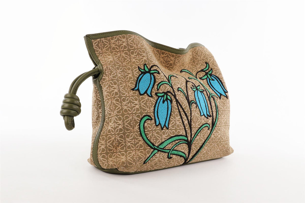 LOEWE GREEN FLAMENCO ANAGRAM FABRIC CLUTCH