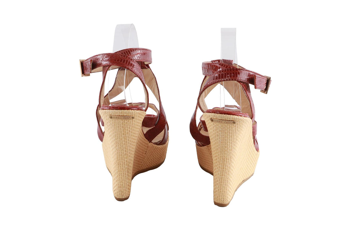 JIMMY CHOO RED LEATHER WEDGE SANDALS EU 40.5 UK 7.5 US 10.5