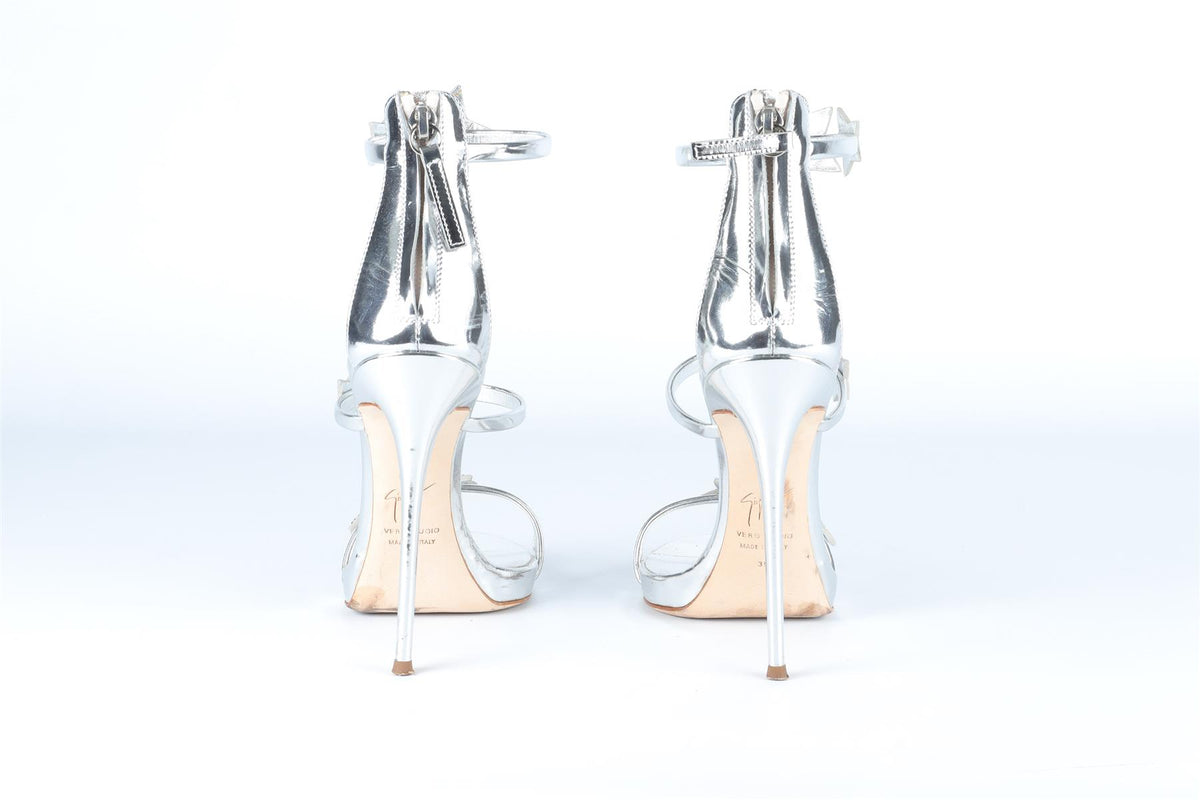 GIUSEPPE ZANOTTI SILVER CRYSTAL AND LEATHER SANDALS EU 39 UK 6 US 9