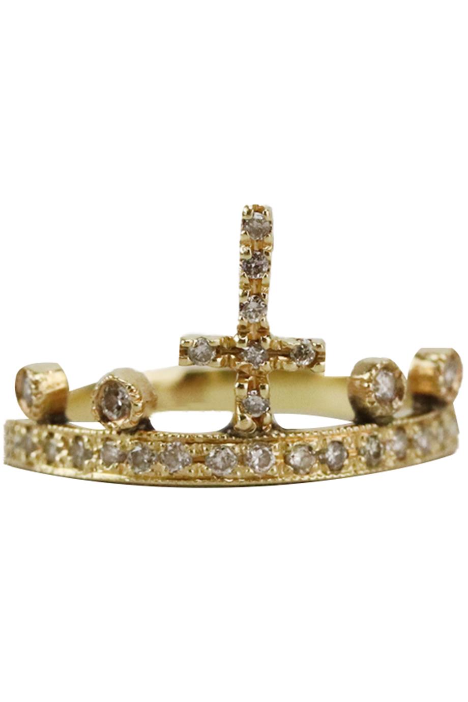 JACQUIE AICHE 14K YELLOW GOLD CROSS CROWN STACK RING 15 MM