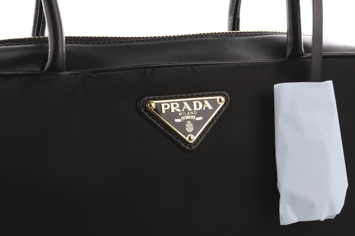 PRADA BLACK RE-NYLON LEATHER AND NYLON SHOULDER BAG