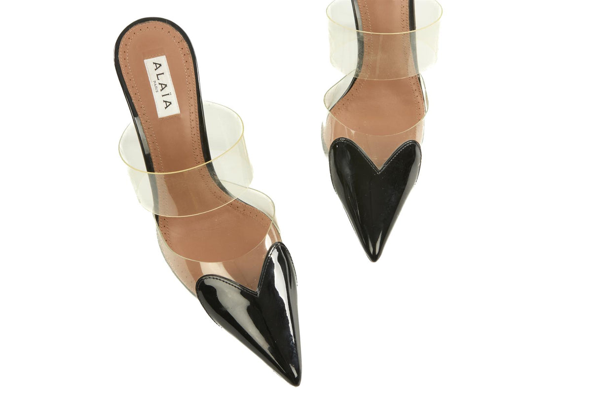 ALAÏA BLACK CŒUR PATENT LEATHER MULES EU 38.5 UK 5.5 US 8.5
