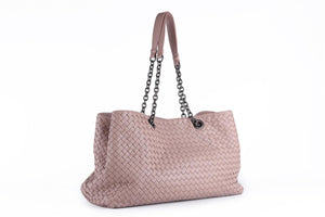 BOTTEGA VENETA PINK DOUBLE CHAIN MEDIUM INTRECCIATO LEATHER TOTE BAG