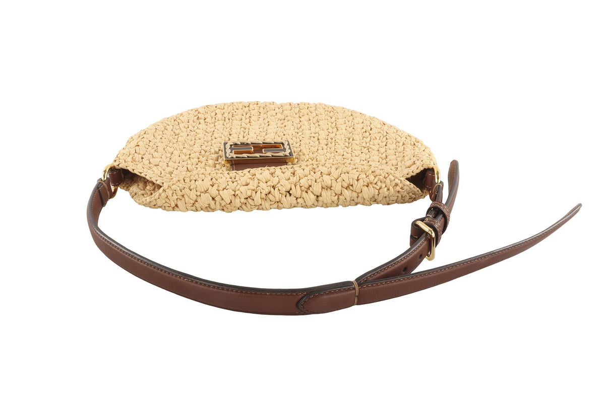 FENDI BEIGE CROISSANT SMALL RAFFIA TOTE BAG