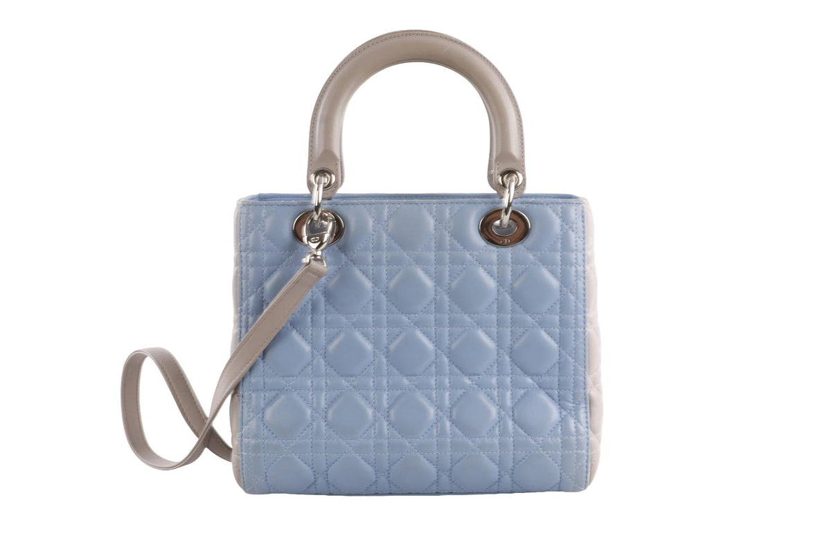 CHRISTIAN DIOR BLUE LADY DIOR MEDIUM BI-COLOUR CANNAGE LEATHER TOTE BAG