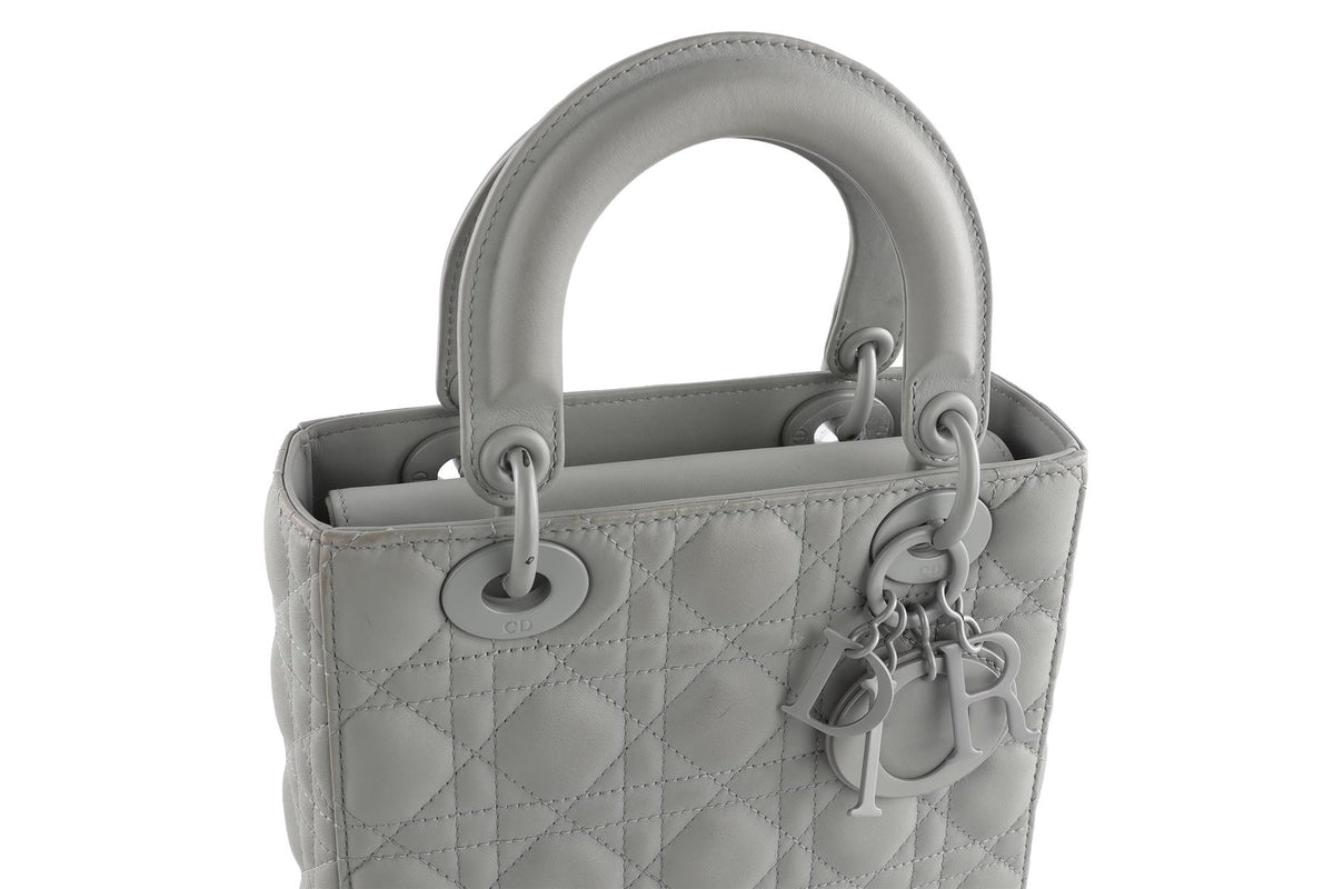CHRISTIAN DIOR GREY LADY DIOR MY ABCDIOR SMALL ULTRAMATTE CANNAGE LEATHER TOTE BAG