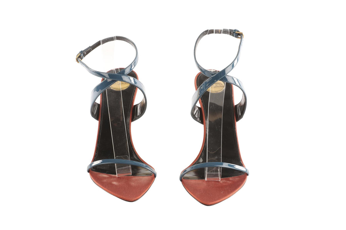 SAINT LAURENT BLUE SALOME LEATHER WEDGE SANDALS EU 39 UK 6 US 9