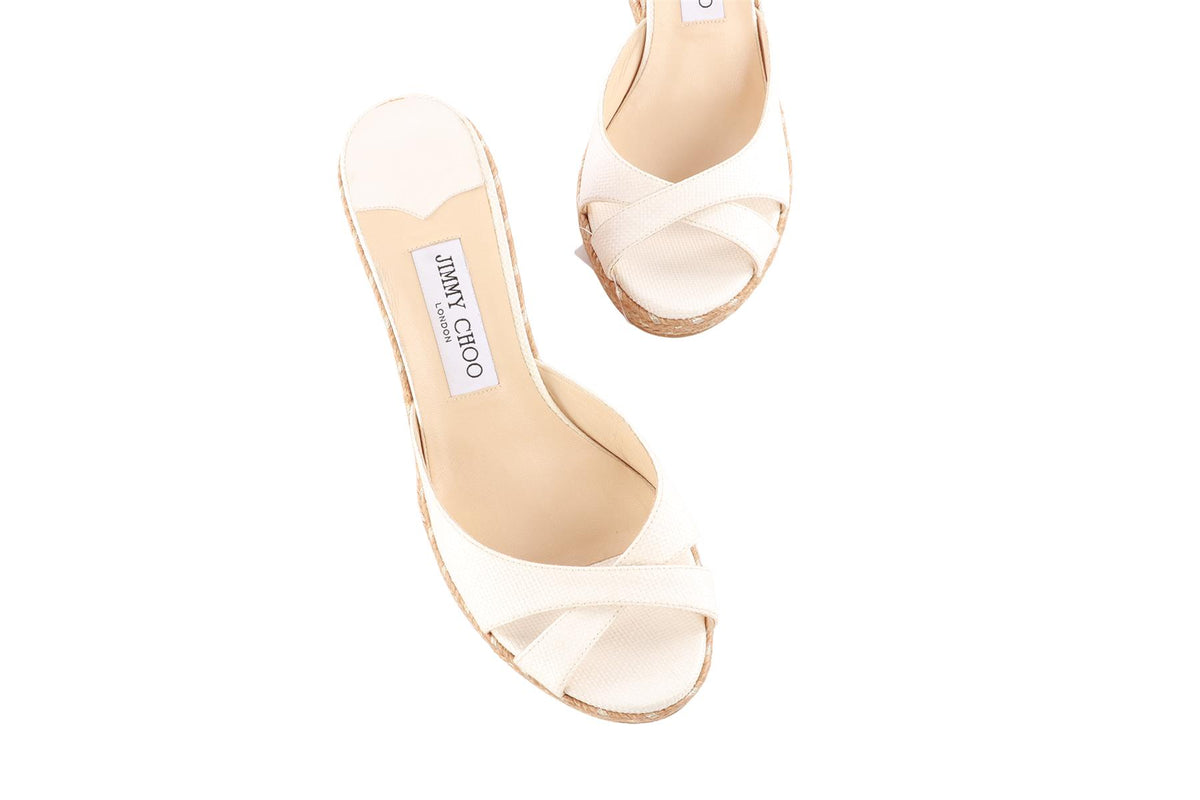 JIMMY CHOO WHITE RAFFIA WEDGE MULES EU 39 UK 6 US 9