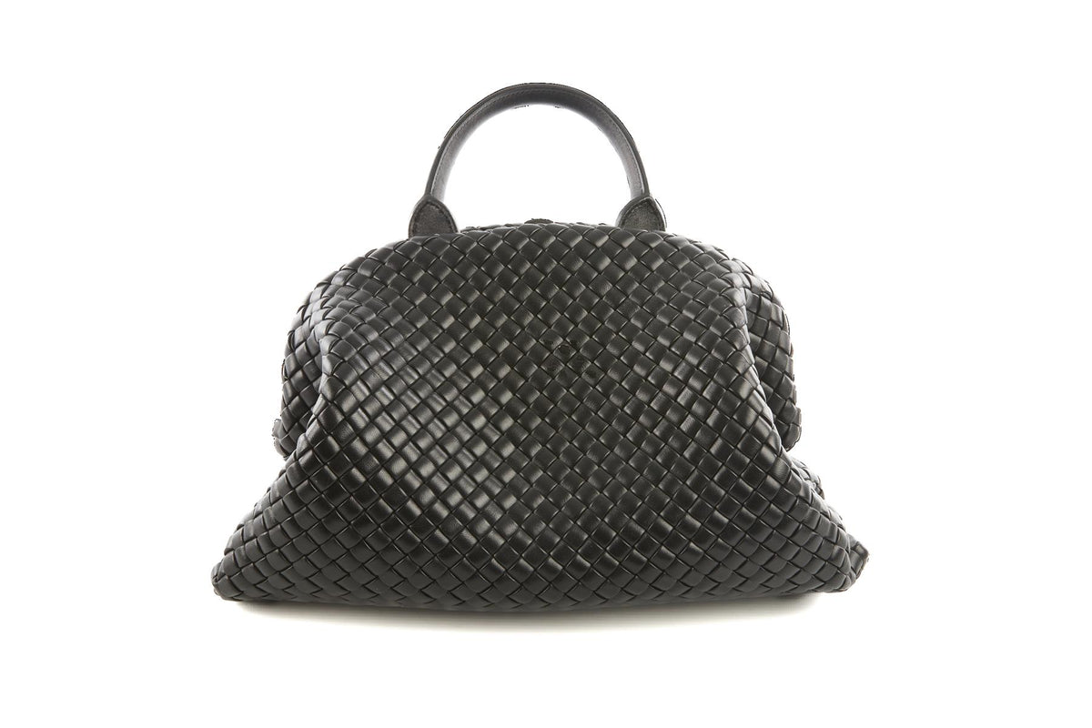 BOTTEGA VENETA BLACK HANDLE MEDIUM INTRECCIATO LEATHER TOTE BAG
