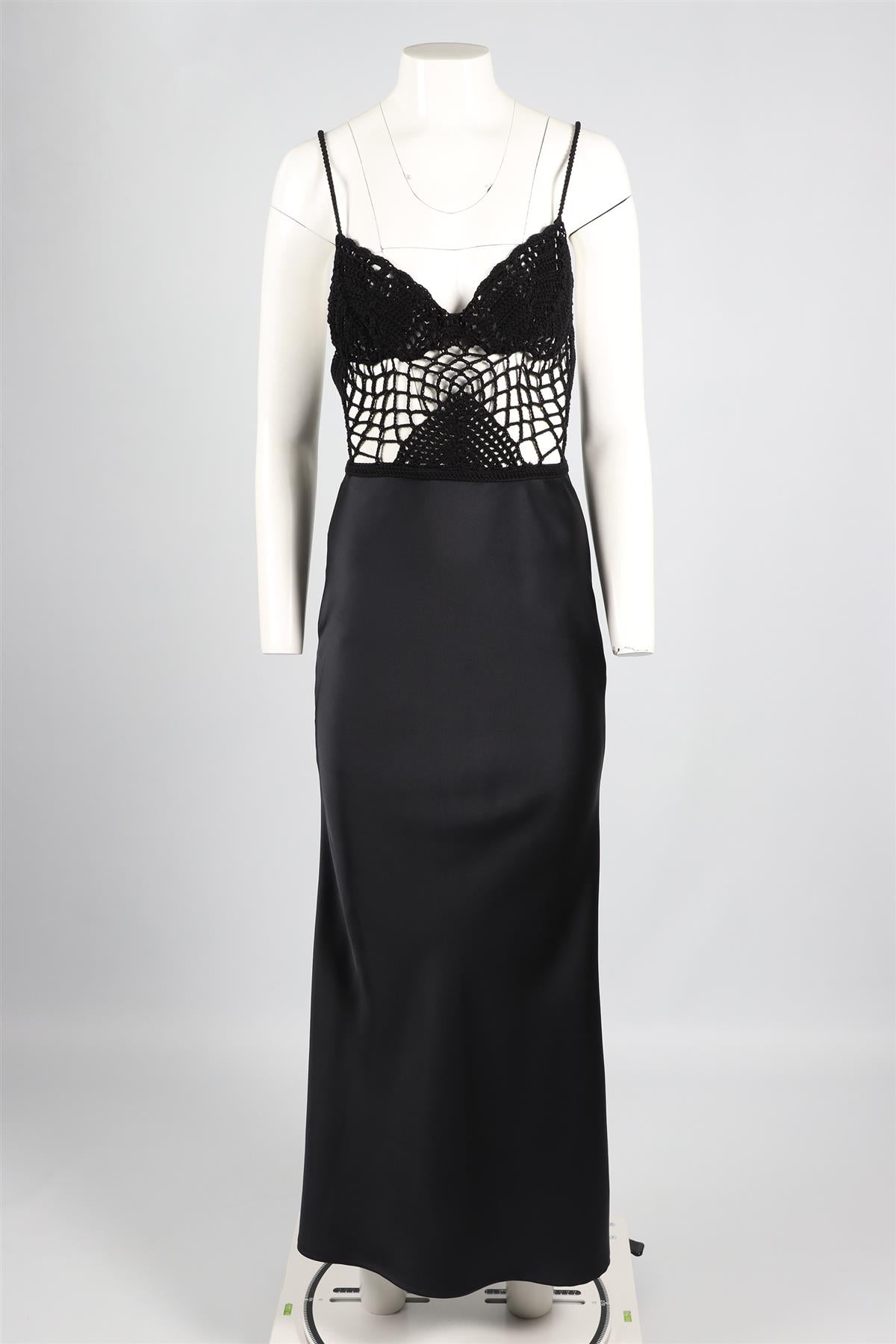 SILVIA ASTORE BLACK CROCHET AND SATIN MAXI DRESS SMALL