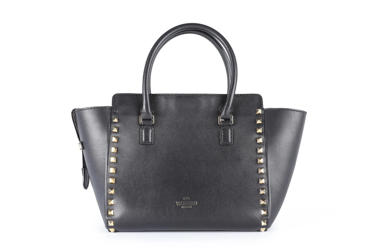 VALENTINO GARAVANI BLACK ROCKSTUD SMALL LEATHER TOTE BAG