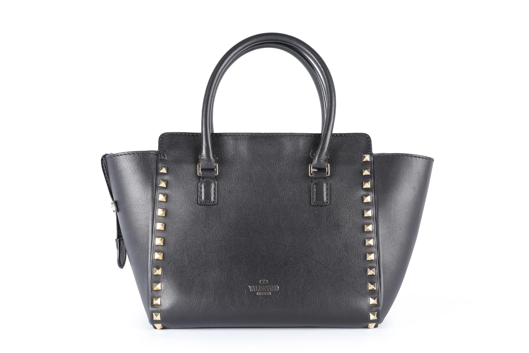 VALENTINO GARAVANI BLACK ROCKSTUD SMALL LEATHER TOTE BAG