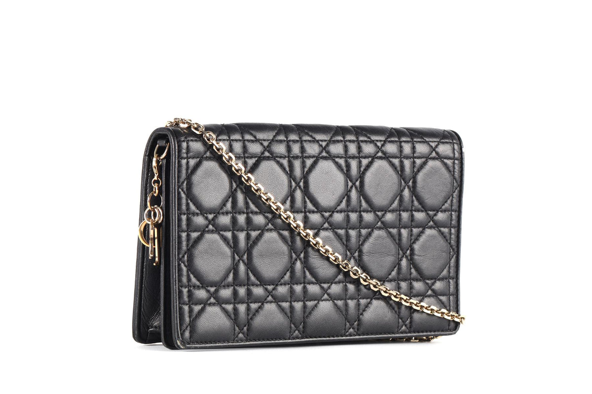 CHRISTIAN DIOR BLACK LADY DIOR WALLET ON CHAIN CANNAGE LEATHER SHOULDER BAG