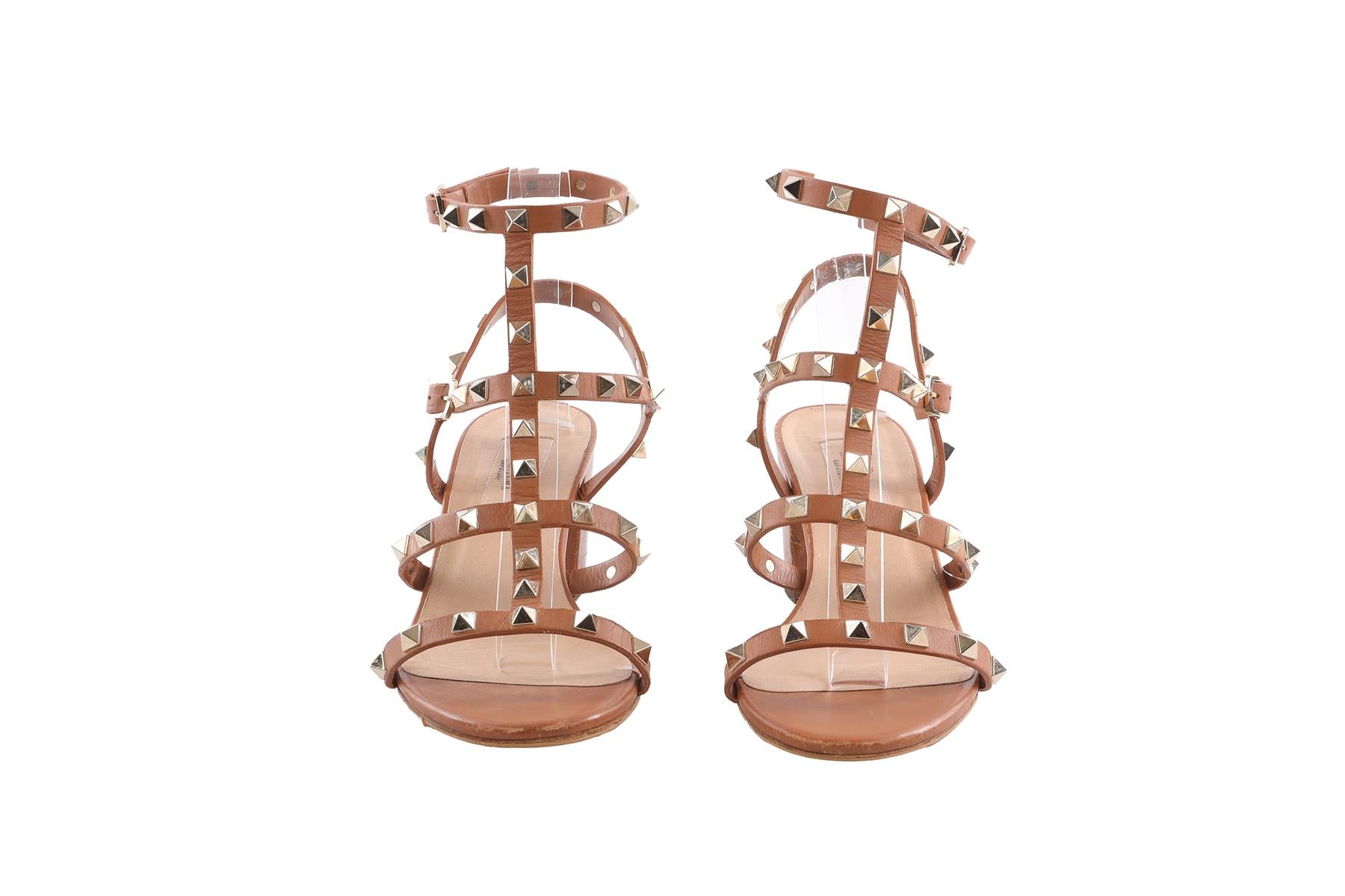 VALENTINO GARAVANI BROWN ROCKSTUD LEATHER SANDALS EU 38