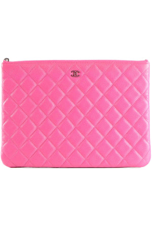 CHANEL PINK 2014 O-CASE MEDIUM QUILTED CAVIAR LEATHER CLUTCH