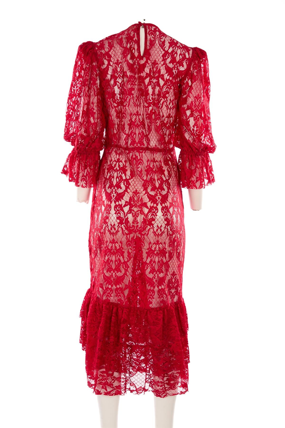 ADRIANNA DEGREAS RED LACE MIDI DRESS LARGE