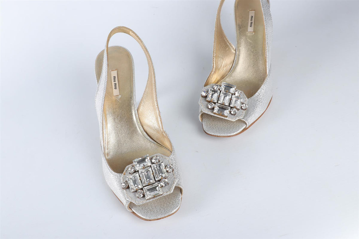 MIU MIU SILVER CRYSTAL AND LEATHER SLINGBACK SANDALS EU 36.5 UK 3.5 US 6.5