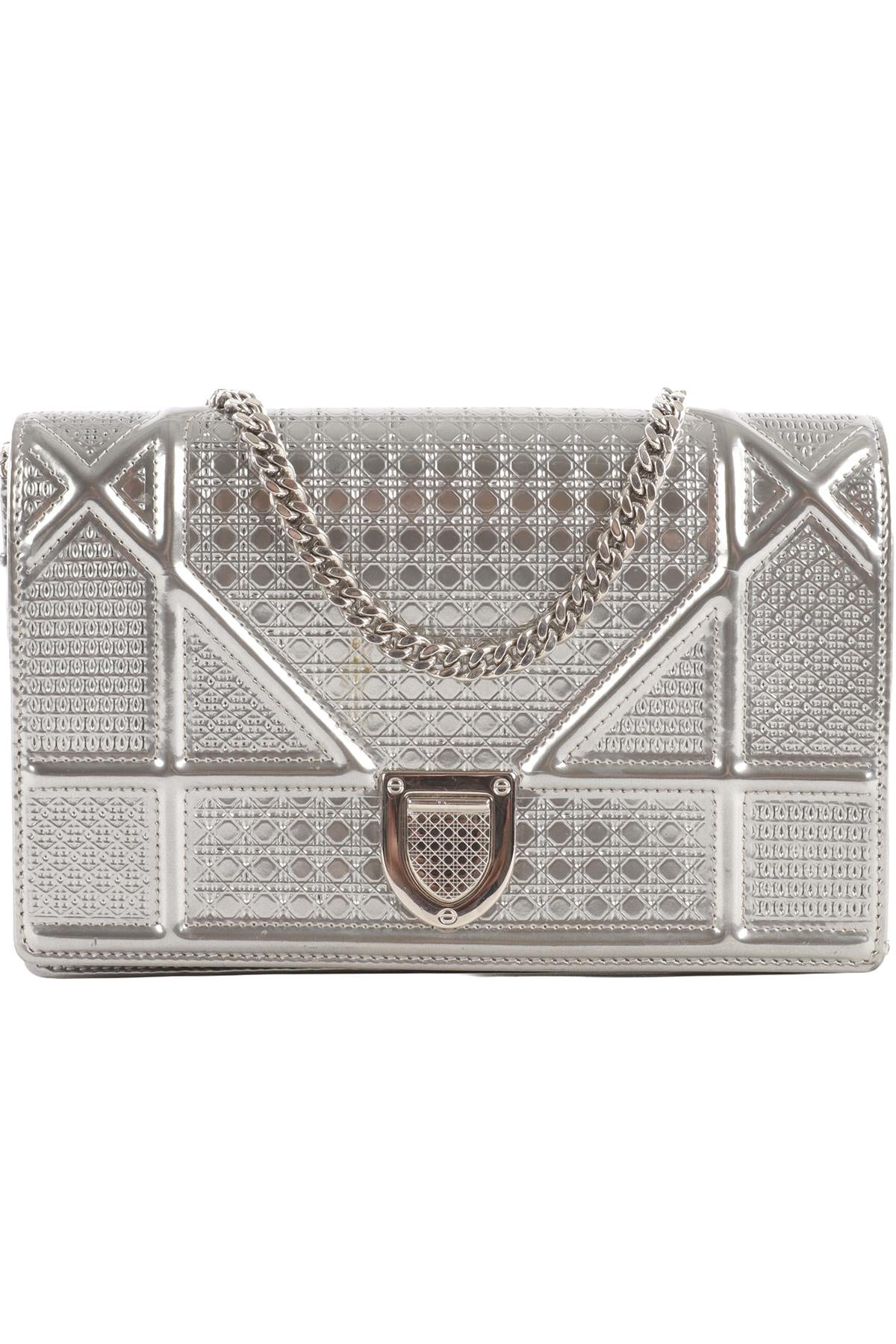 CHRISTIAN DIOR SILVER DIORAMA WALLET ON CHAIN MICROCANNAGE LEATHER CROSSBODY BAG