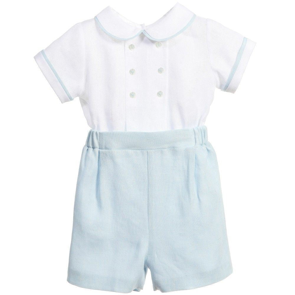 LA STUPENDERIA PALE BLUE LINEN BUSTER ROMPER 3 MONTHS