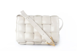 BOTTEGA VENETA ECRU CASSETTE INTRECCIATO LEATHER SHOULDER BAG