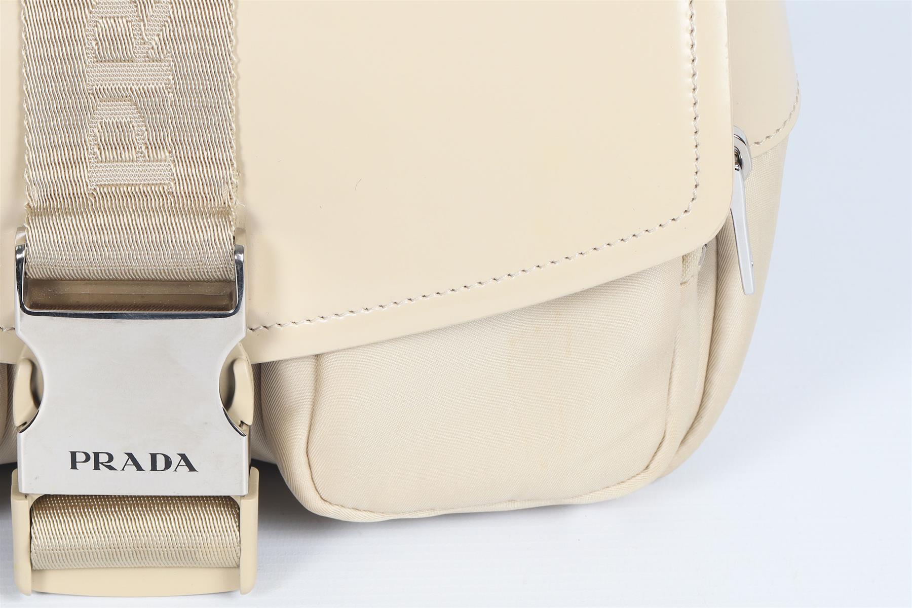 PRADA BEIGE POCKET LEATHER AND RE-NYLON SHOULDER BAG