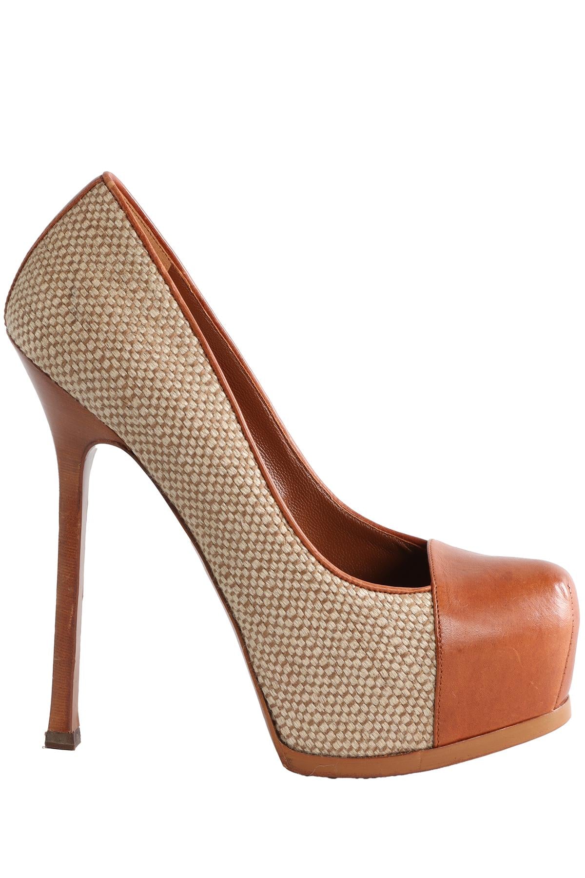 YVES SAINT LAURENT TAN CANVAS PLATFORM PUMPS EU 38.5 UK 5.5 US 8.5