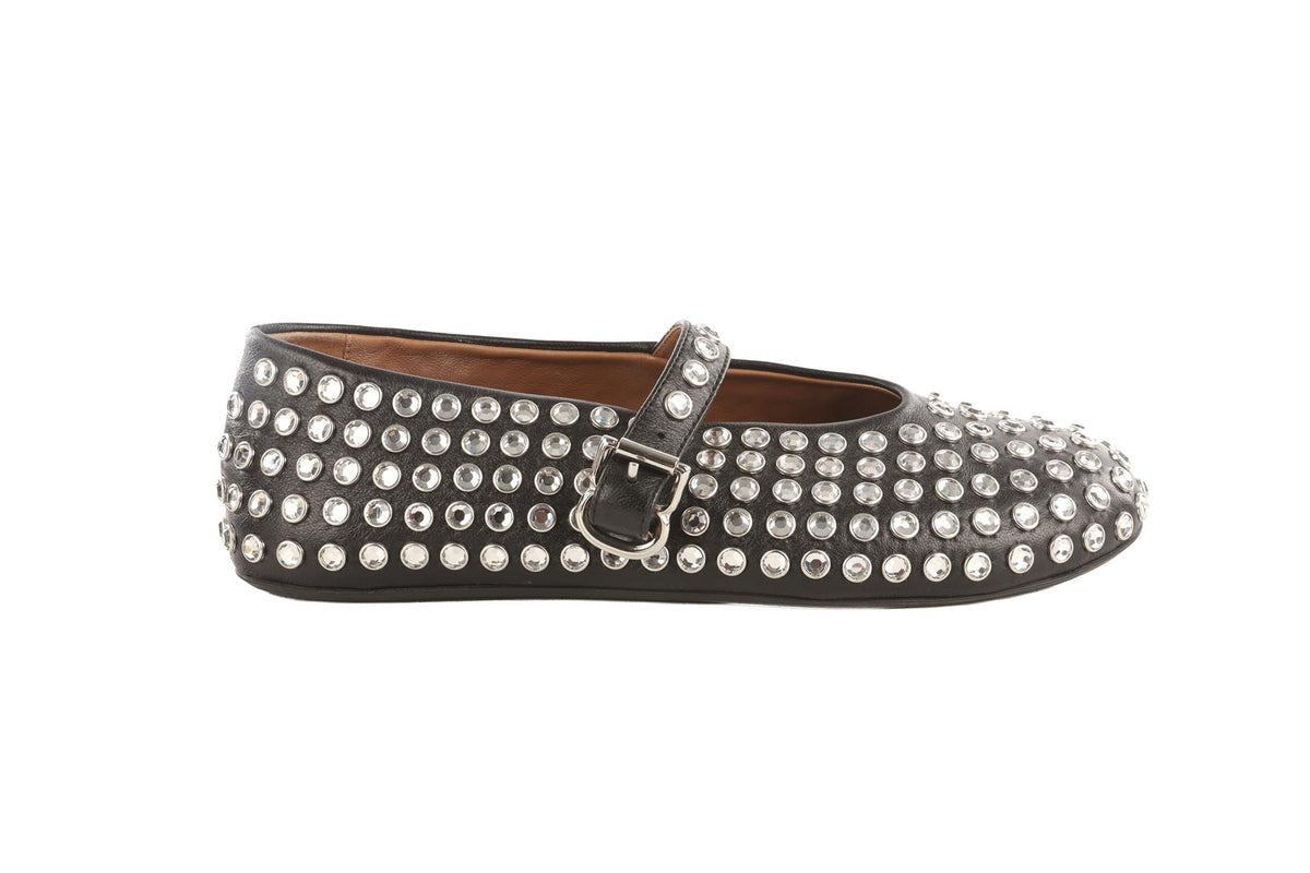 ALAÏA BLACK CRYSTAL AND LEATHER BALLET FLATS EU 38 UK 5 US 8