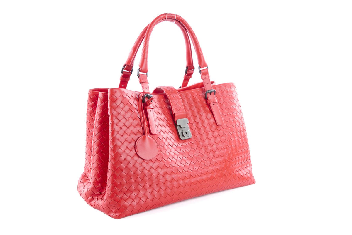 BOTTEGA VENETA RED ROMA LARGE INTRECCIATO LEATHER TOTE BAG