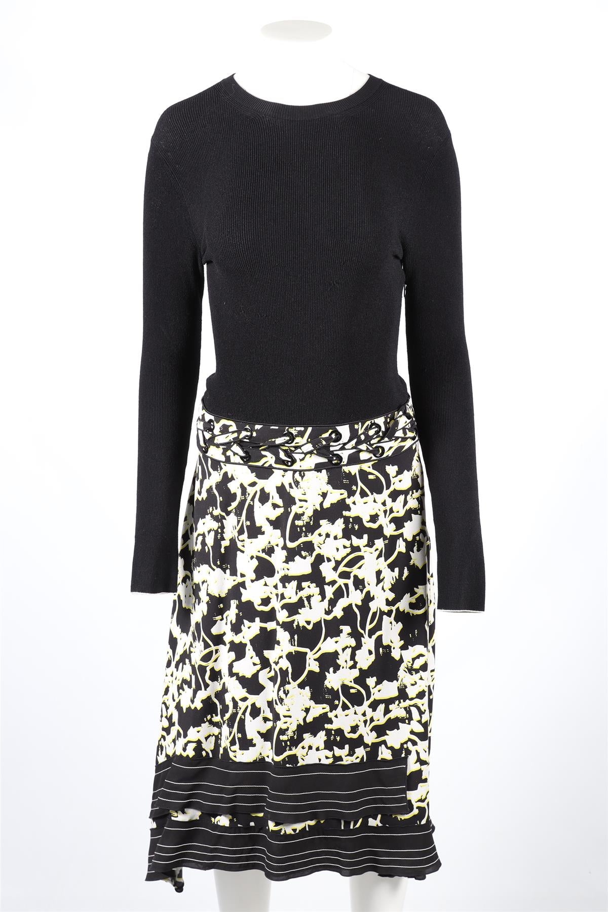PROENZA SCHOULER BLACK, YELLOW AND WHITE KNIT AND SILK BLEND MAXI DRESS US 6 UK 10