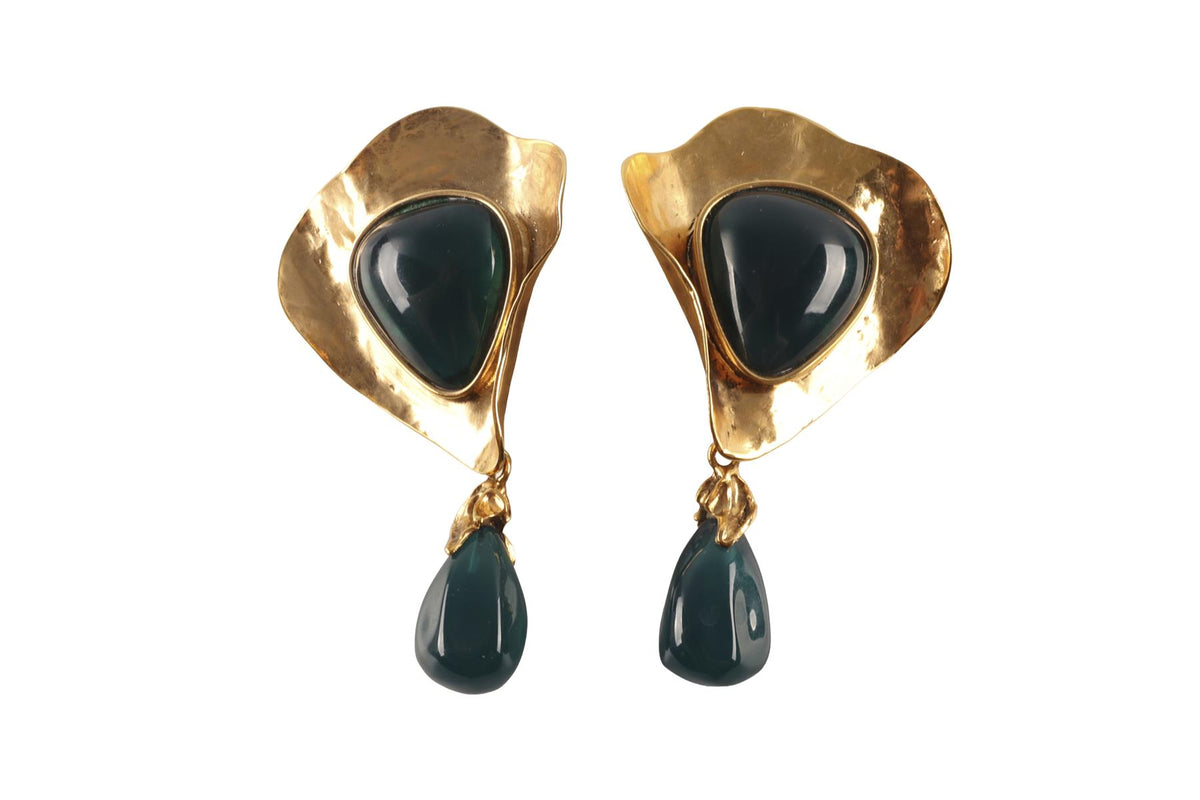 SAINT LAURENT GREEN GOLD TONE CLIP ON EARRINGS