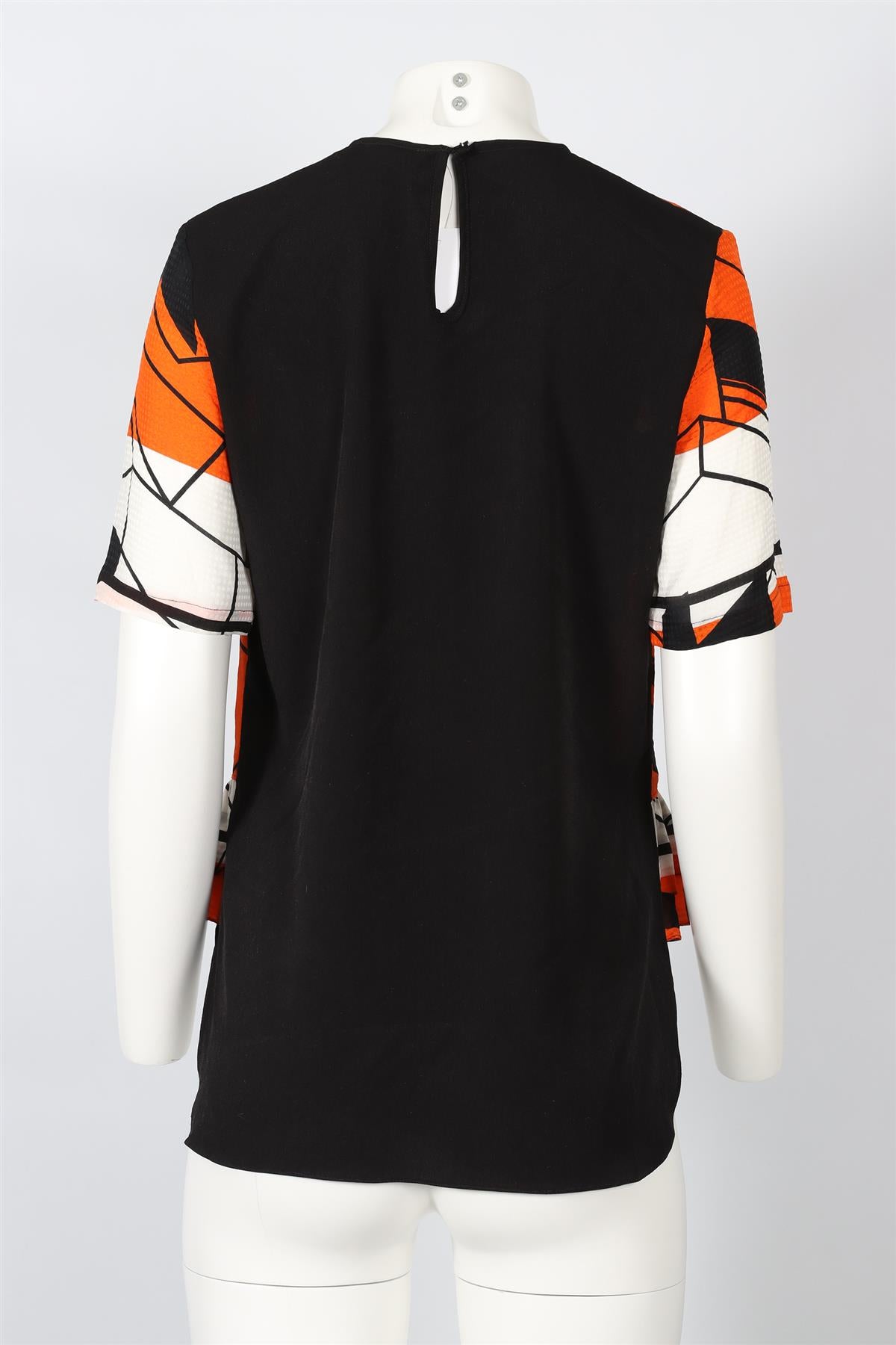 PREEN BY THORNTON BREGAZZI ORANGE, BLACK AND WHITE PRINTED CREPE TOP XSMALL